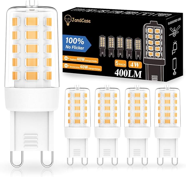 JandCase G9 LED Light Bulbs, 4W G9 Capsule Bulbs, Equivalent to 40W G9 Halogen Bulbs, Warm White 3000K, 400 Lumen, 360° Beam Angle, 100% No Flicker, Non-dimmable, 5 Pack