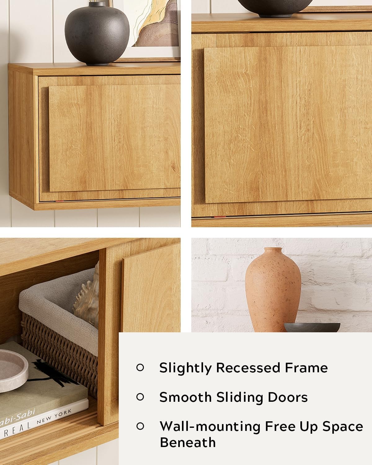 Floating TV Stand, 30" Multi-Purpose Modern TV Display Shelf Console Entertainment Center Cabinet with Sliding Doors for Bedroom Living Room Entryway, Natural Oak