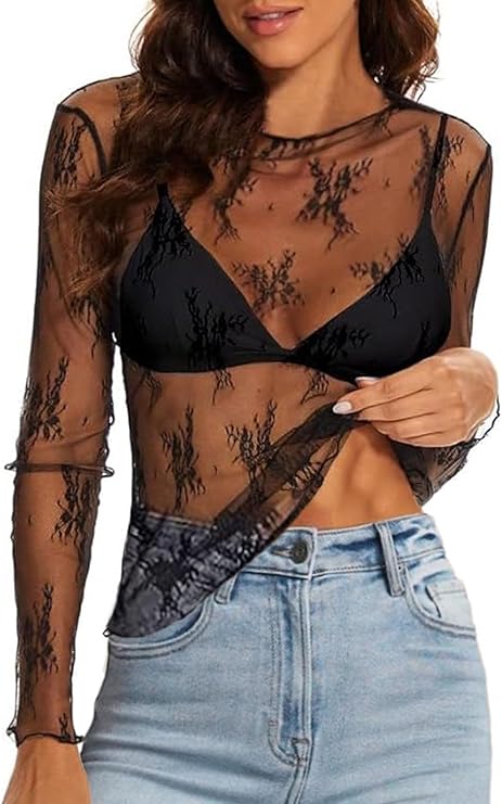 WIHOLL Womens Mesh Sheer Tops Sexy Crew Neck Summer Loose FIt Party Clubwear Shirts