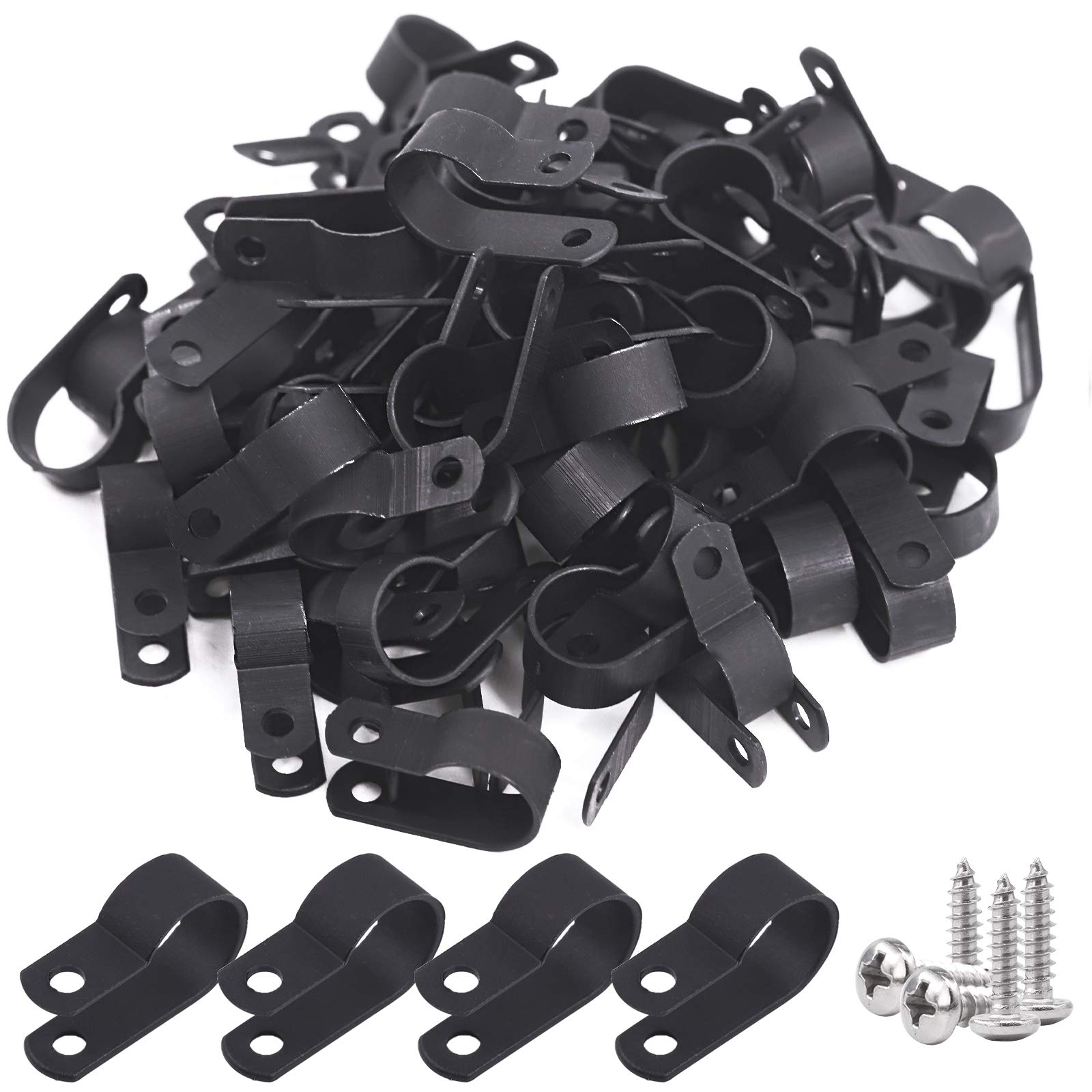 Glarks 120Pcs 5/16 Inch Black Nylon Screw Mounting R-Type Cable Clip Wire Clamp Kit with 120Pcs Screws for Wire, Conduit and Cable Conduit — Amazon image 11