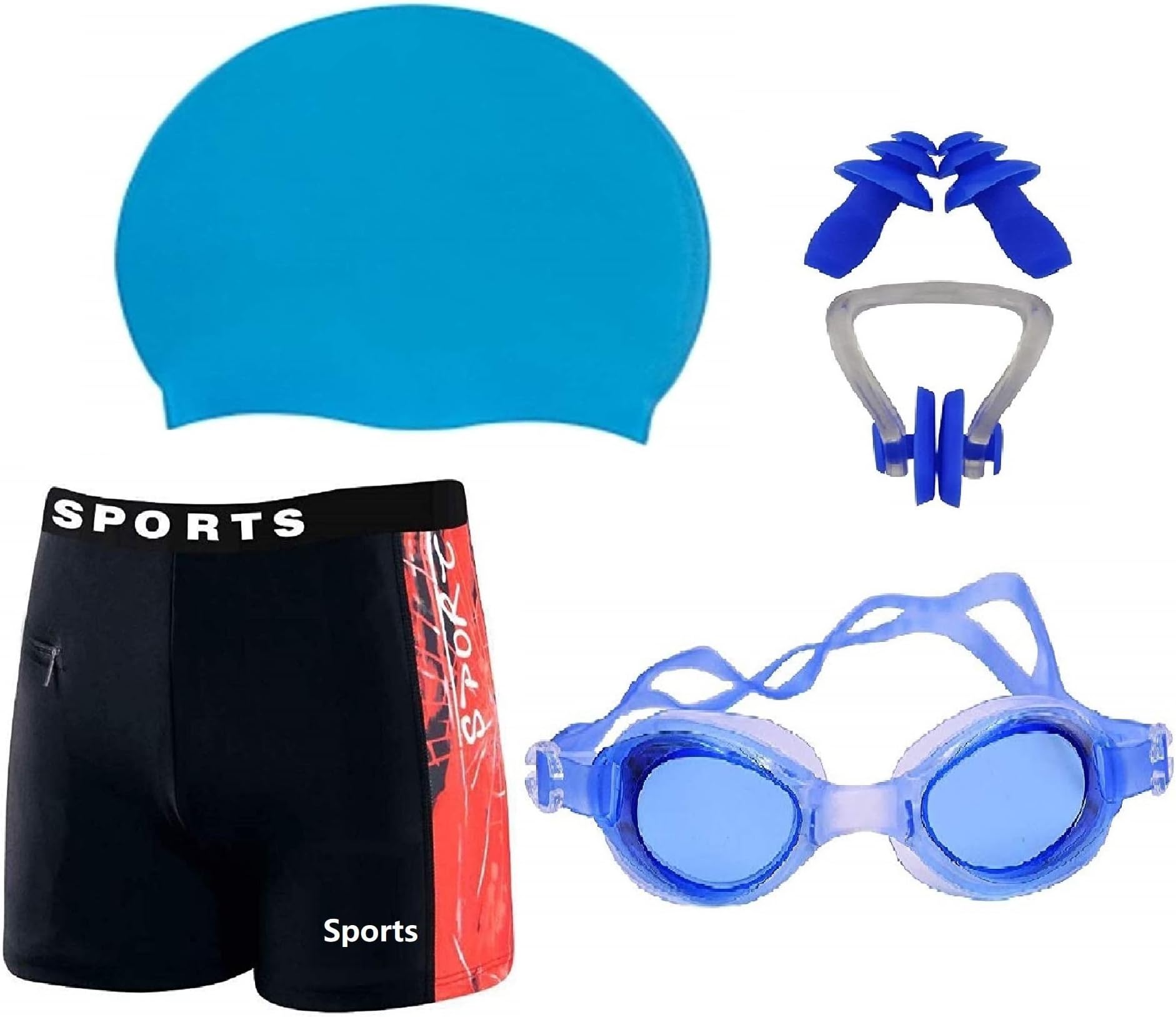 THE MORNING PLAYTHE MORNING PLAY Swimming Costume for Kids Boys 1 Swimming Shorts Swimming Trunk 1 Anti Fog Swimming Goggles 1 Silicone Swimming Cap 1 Nose Clip 2 Ear Plugs (Blue) (3-4 Years)
