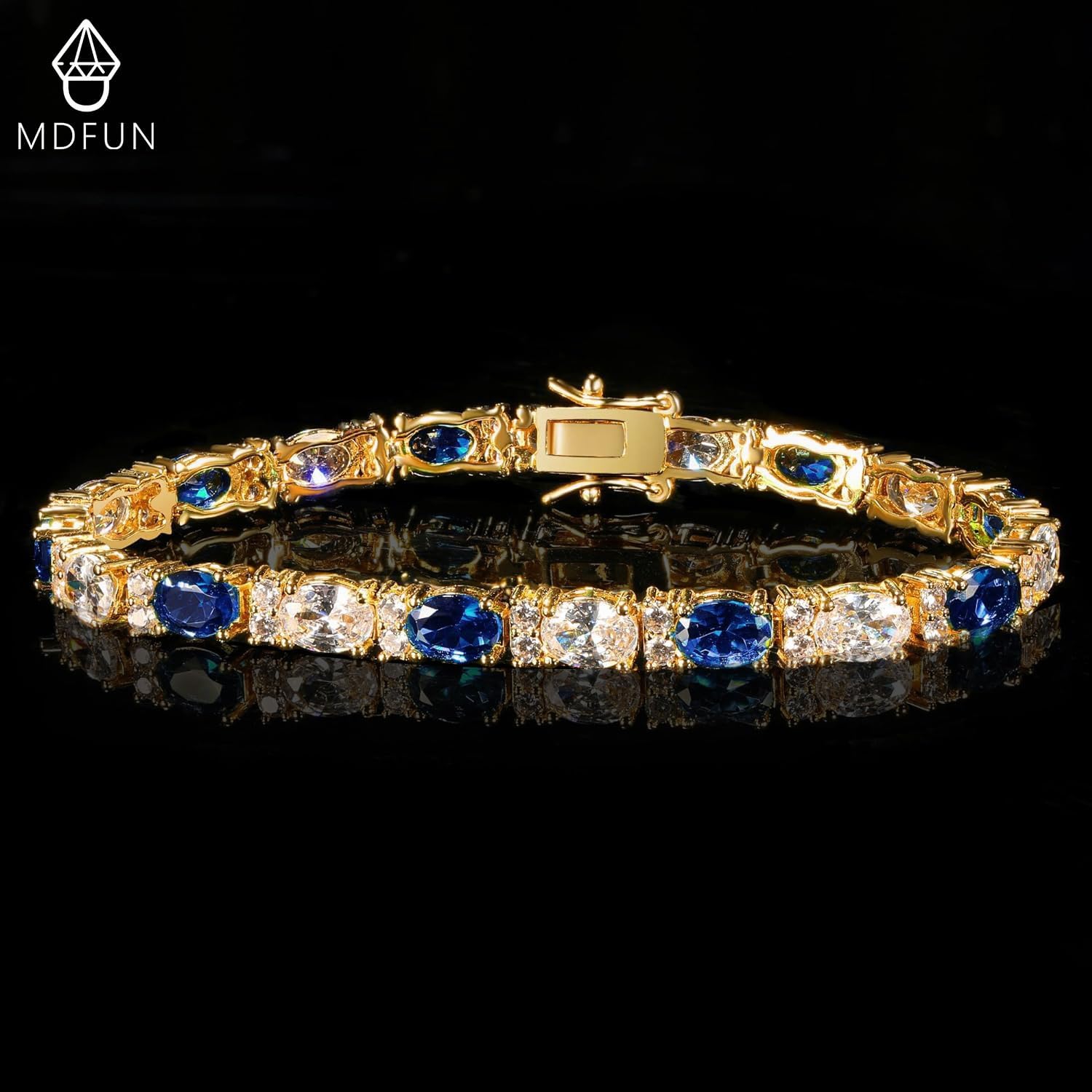 MDFUN 18K White/Yellow Gold Plated Green/Blue 5 * 7MM Oval 5A+ Cubic Zirconia Tennis Bracelet for Women Birthstone Jewelry Gift 6.5-8.5 inch