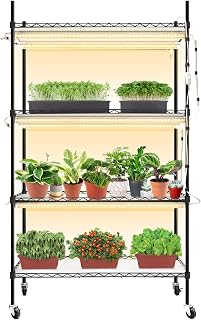 Monios-L Plant Grow Shelf, 4-Tier Metal Plant Stand with 180W T8 Grow Lights Full Spectrum, Heavy Duty Adjustable Rack with Wheels for Ornamental Plants, Succulents, Seedlings (35Lx14Wx61H, Black)