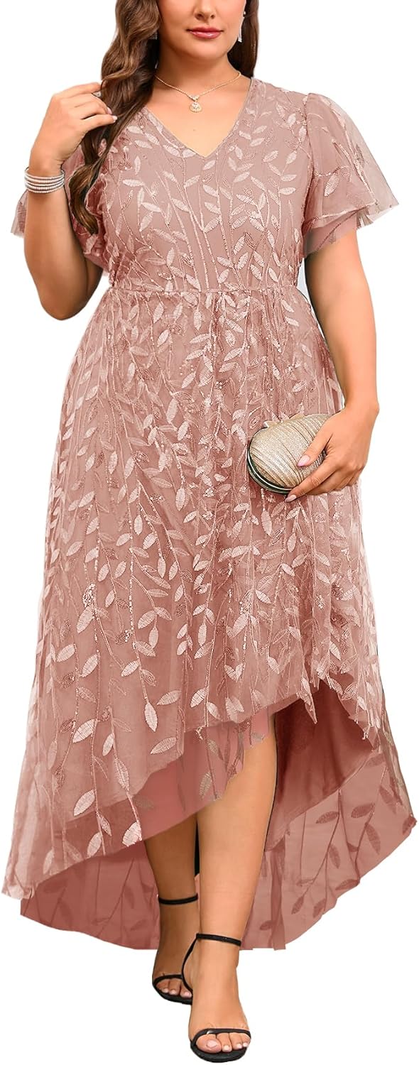 ZOMVA Plus Size 0X-4X Sequin Embroidery Formal Long Dress Glitter Side Slit A Line Dresses Prom Wedding Evening Gown