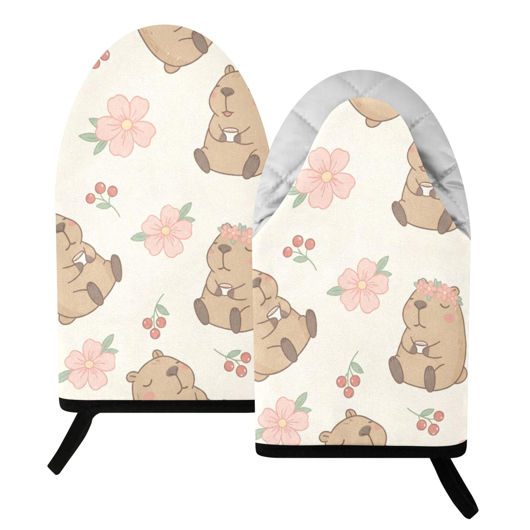 Fuauuyl Oven Mitts Heat Resistant Kitchen Gloves, Capybara Classic Oven Gloves with Hanging Loop for Baking BBQ Cooking Grilling, 1 Pair, 9.5 in