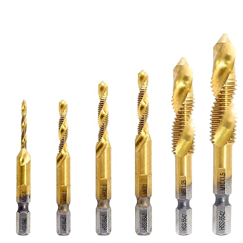 Juego de 6 puntas combinadas de grifo y taladro, juego de brocas hexagonales avellanadas multiusos, M3 M4 M5 M6 M8 M10, dorado