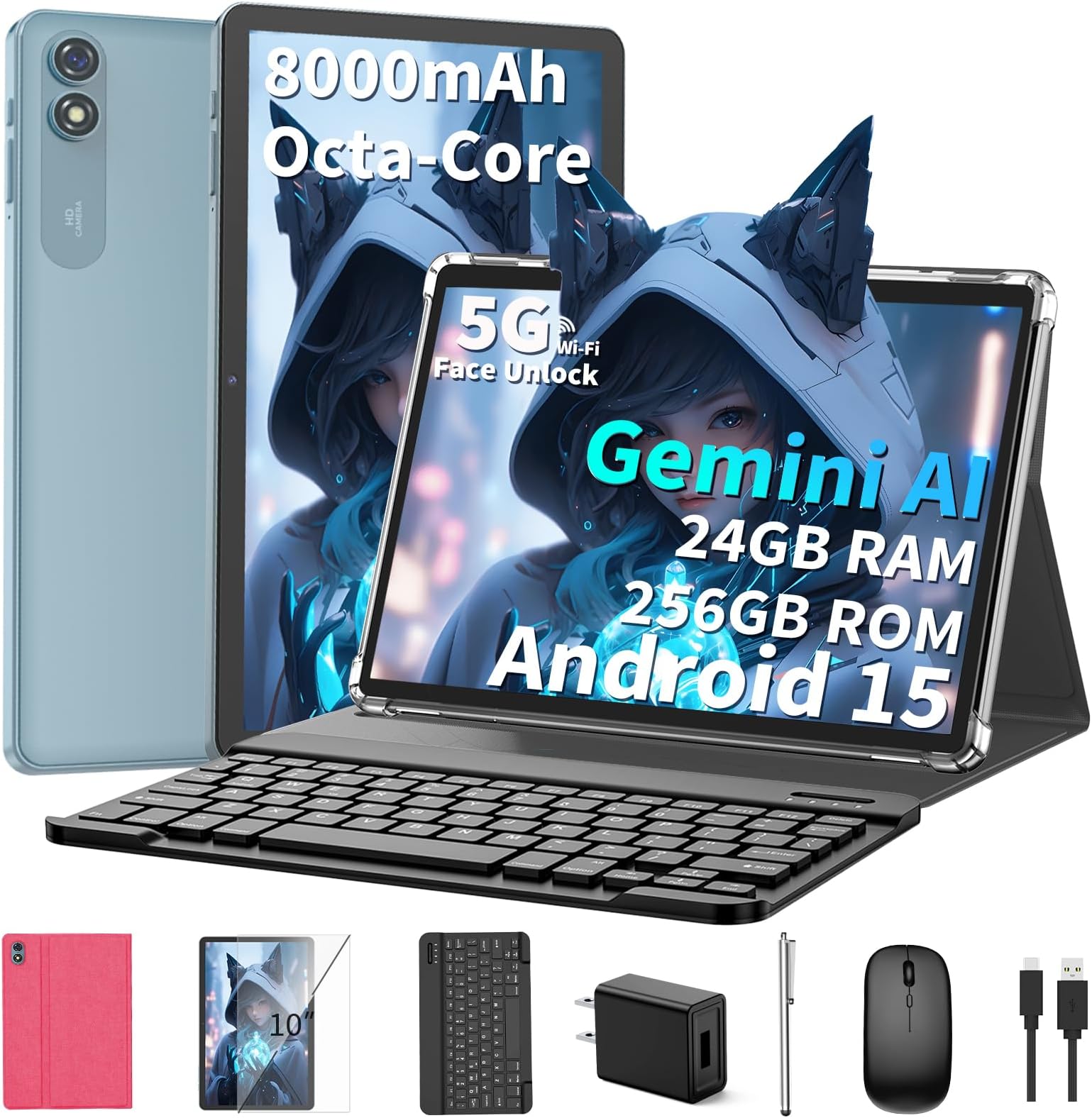 10 inch Android 15 Tablet, 2026 Tablet with Keyboard, 24GB+256GB+2TB Expand, Tablets PC with Gemini AI, 8000mAh Battery, 5G WiFi, Widevine L1, 2 in 1 Tablets with Case, Mouse, Stylus (Pink Case)