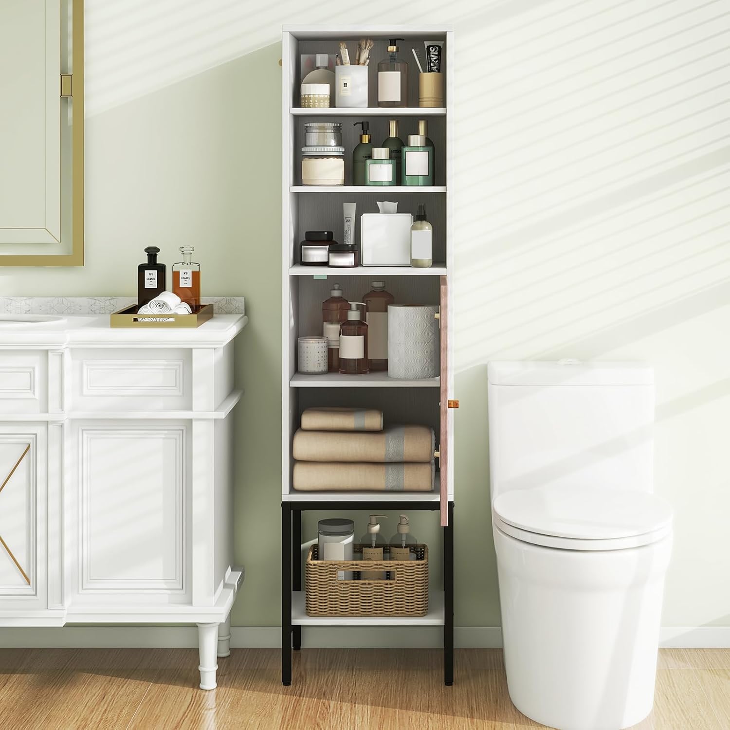 Tangkula Tall Bathroom Storage Cabinet with 1 Door and 4 Shelves, 57" H Narrow Floor Cabinet with Adjustable Shelves, Tall Slim Bathroom Cabinet for Living Room, Entryway, Kitchen (White)