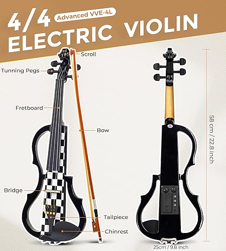 Miniatura 5 de Vangoa Violín eléctrico 44 de tamaño completo, juego de violín silencioso para principiantes, adultos y adolescentes, madera de arce maciza, violín