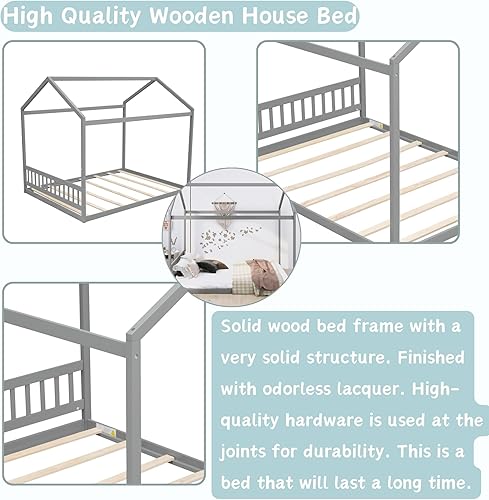 Miniatura 4 de Cama de casa Queen Montessori de madera para niños cabaña de madera tienda de campaña toldo para niñas niños adolescentes y adultos tamaño Queen gris