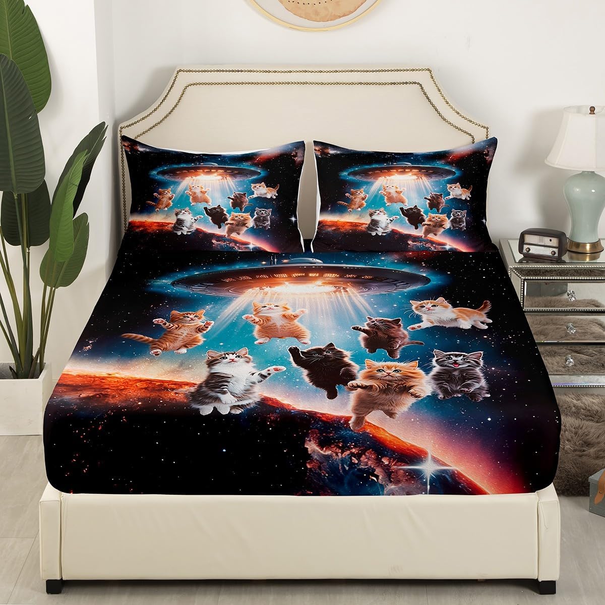 Feelyou Cat Bed Sheets Outer Space Cute Cats Sheet Set Galaxy Nebula Pet Cats Decorative Animal Bed Set Gorgeous Lovely Animals Sheets Bedroom Collection 4Pcs Full Size…