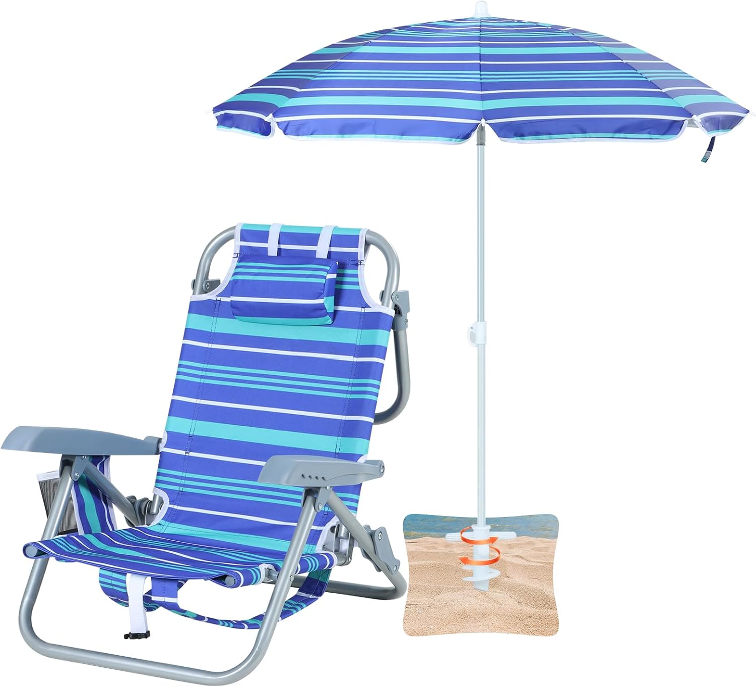 Kids Beach Chair, Blue Striped, 5-Position Reclining, Aluminum Frame, Backpack-Foldable, Umbrella with Sand Anchor, Cup Holder, Storage Pocket, Perfect for Kids (1-Pack)