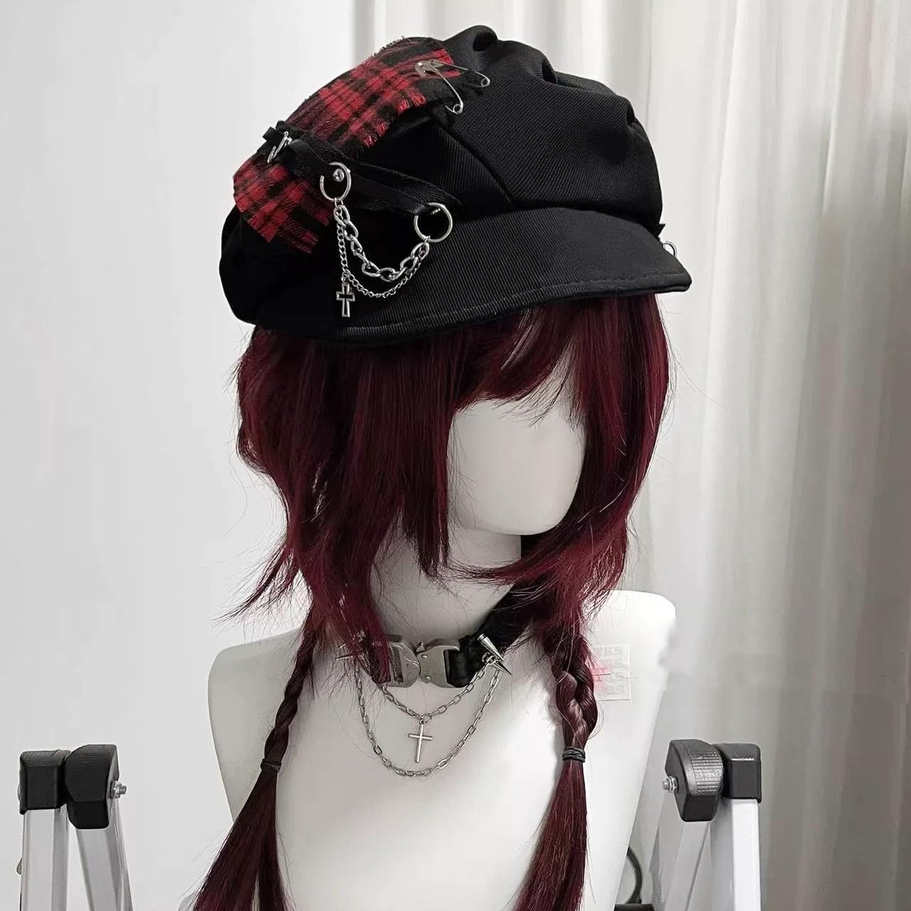 Women Teens Punk Goth Cross Cap Newsboy Hat Y2K Plaid Beret Preppy Plaid Hat Fairy Grunge Accessories Vintage Beanie