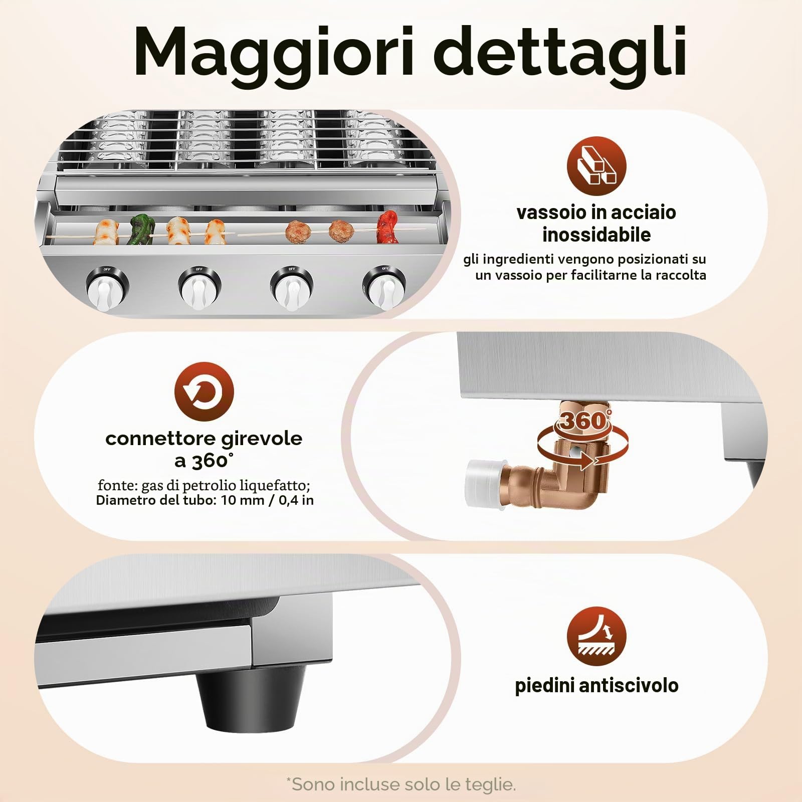 Griglia a gas a 4 fiamme, portatile, in acciaio inox, da tavolo, a gas, con 4 piastre in acciaio, colore argento, regolabile in altezza, per campeggio, riunioni