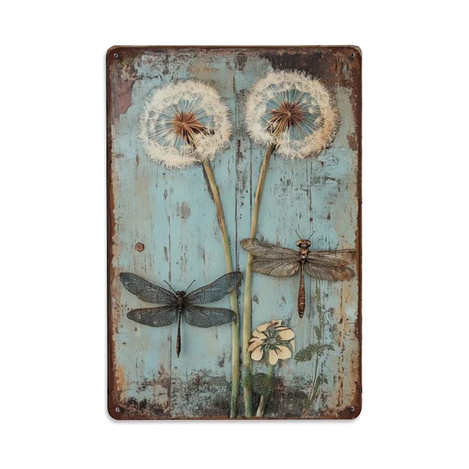 Rkundrne Vintage Dragonfly And Dandelion Metal Tin Sign Garden Bedroom Cafe Bar Man Cave Home Wall Decor Metal Poster 8X12 In