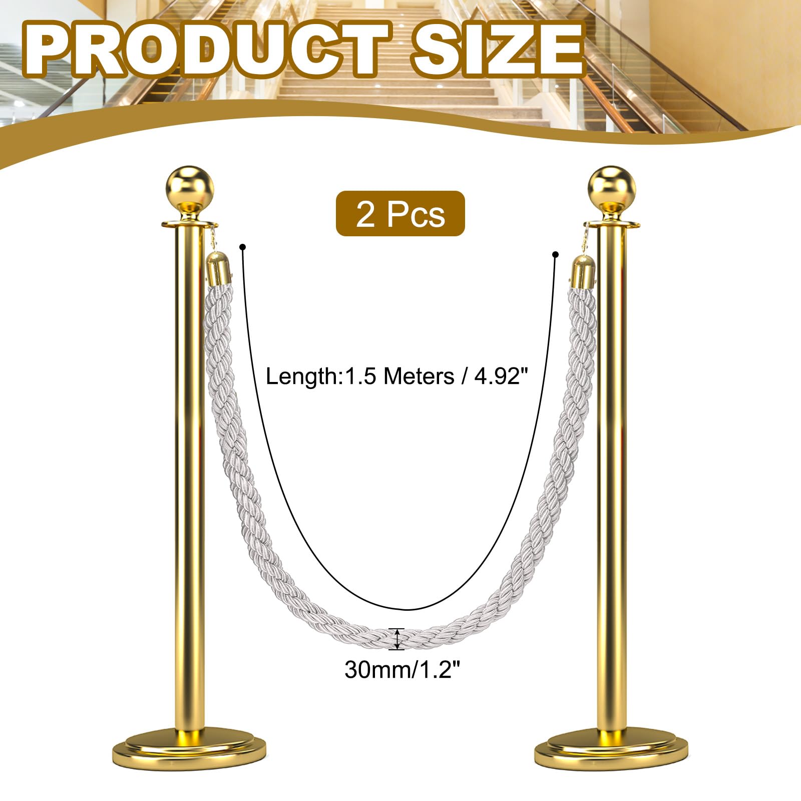 QUARKZMAN Corda Per Paletti Intrecciata 5 Ft/1.5 M, Barriera Corda Intrecciata Per Paletti Con Ganci Rapidi Per Supporti Divisori Coda Controllo Folla, Bianco Dorato 2Pz