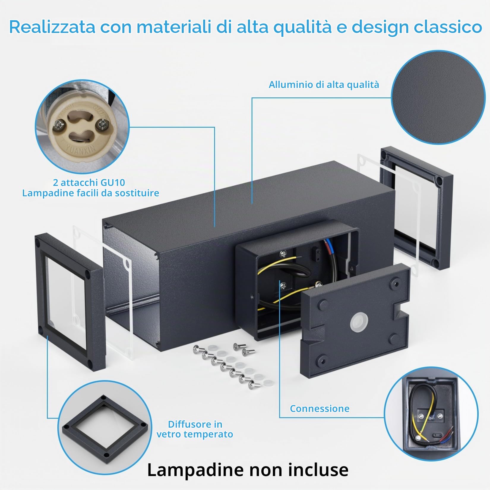 Klighten 2 Pezzi Applique da Parete Esterno IP65 Su Giù, Lampada da Parete Applique da Esterni in Alluminio per Terrazzi Ingressi, Attacco GU10, 26 x 13 cm, Lampadina non Inclusa, Antracite