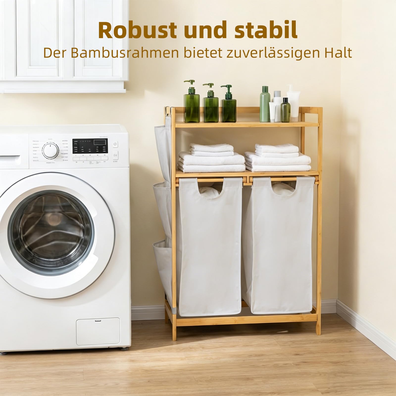 Wäschekorb 2 Fächer 100L, Bambus Wäschesortierer mit Ablage&Seitentasche, quadratischer Wäschesammler mit herausnehmbaren, stabilen Säcken, platzsparend (Beige, Modelle mit Erhöhsohle)