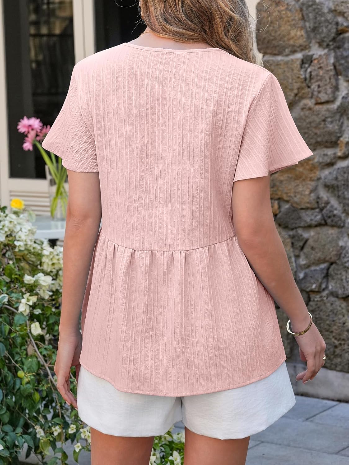 Tankaneo Womens Babydoll Tops Summer Short Sleeve Peplum Flowy Blouse Casual Spring Loose Button Down V Neck Ruffle Shirts - Image 3