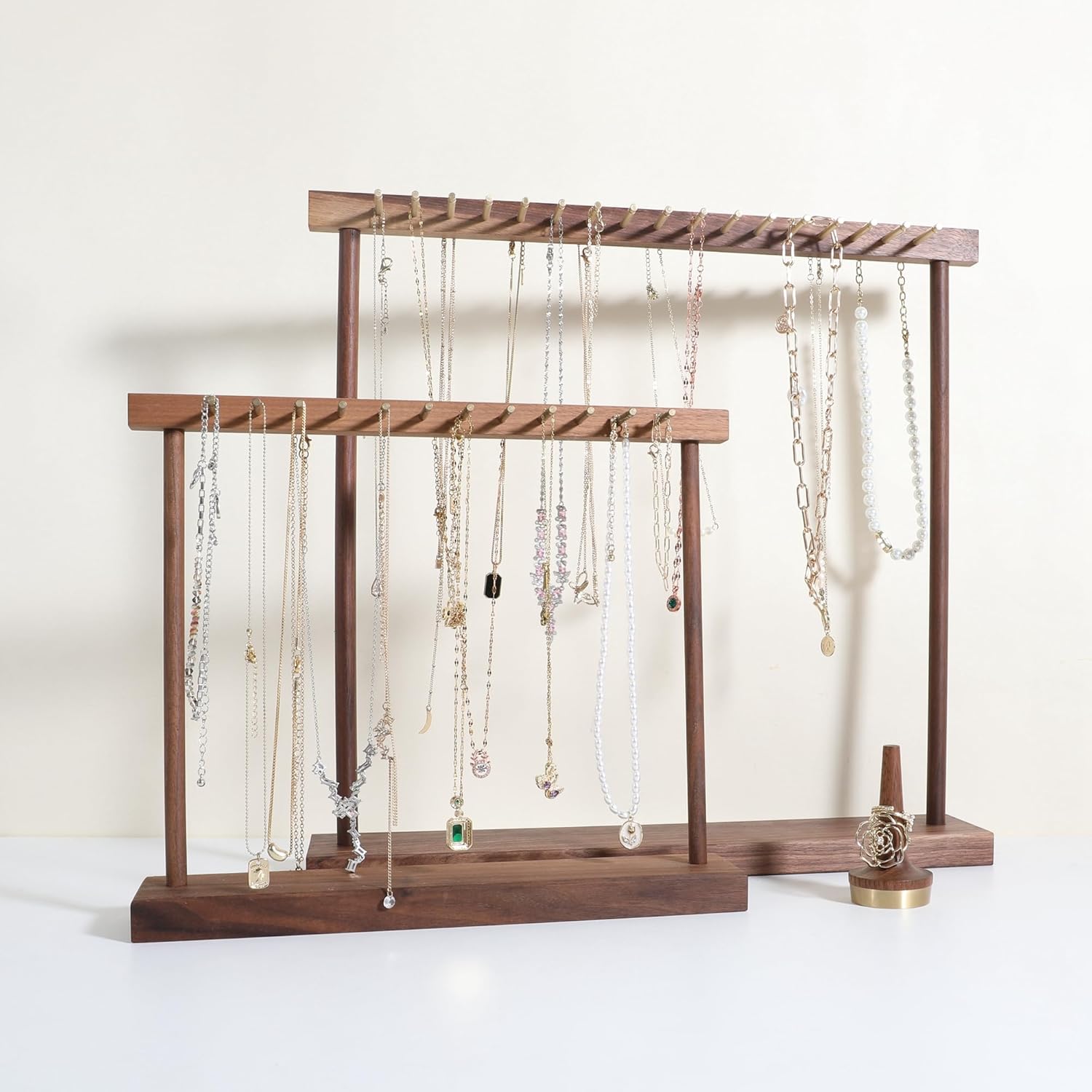GemeShou Medium necklace hanger shelf with 12 copper bars, Wooden jewelry storage organizer rack for hanger necklace bracelet, necklace display stand for boutique store【Walnut】 - Image 2