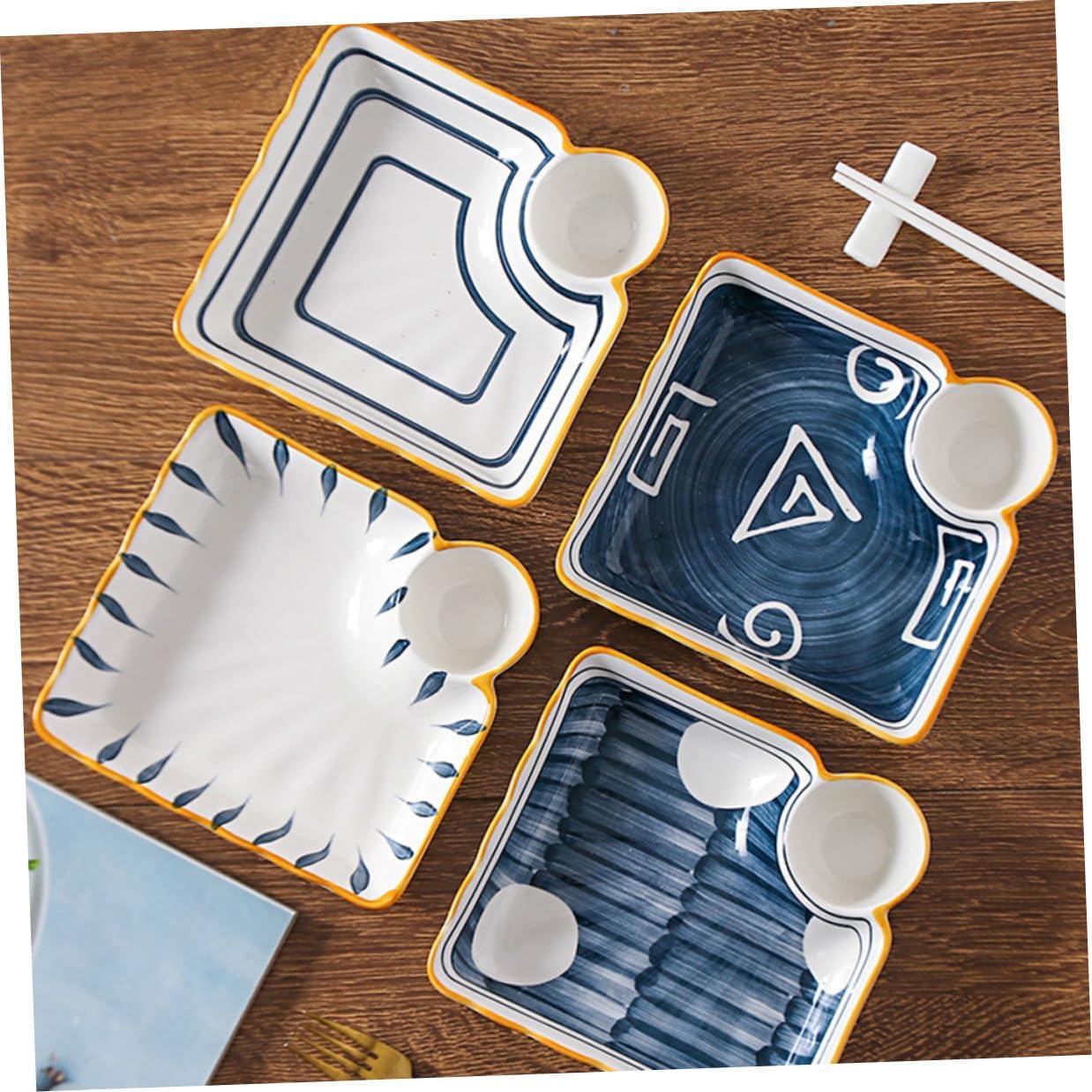 SHINEOFI Ceramic Sushi Plate Set 4 Pieces Square Japanese Style Dipping Tray Snack Serving Plates for Home Kitchen Dining Random Color
