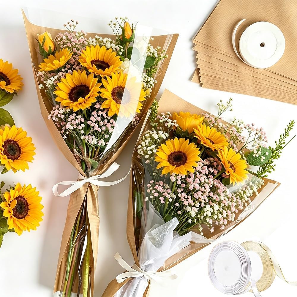 GORUI 50PCS Bouquet Wrapping Paper Bags Kraft Floral Sleeves Clear Flower Wrapping Paper with 2 Roll Ribbons for Graduation 2026 Nurse Week Anniversary Wedding Birthday Gift 17.5X9.8IN