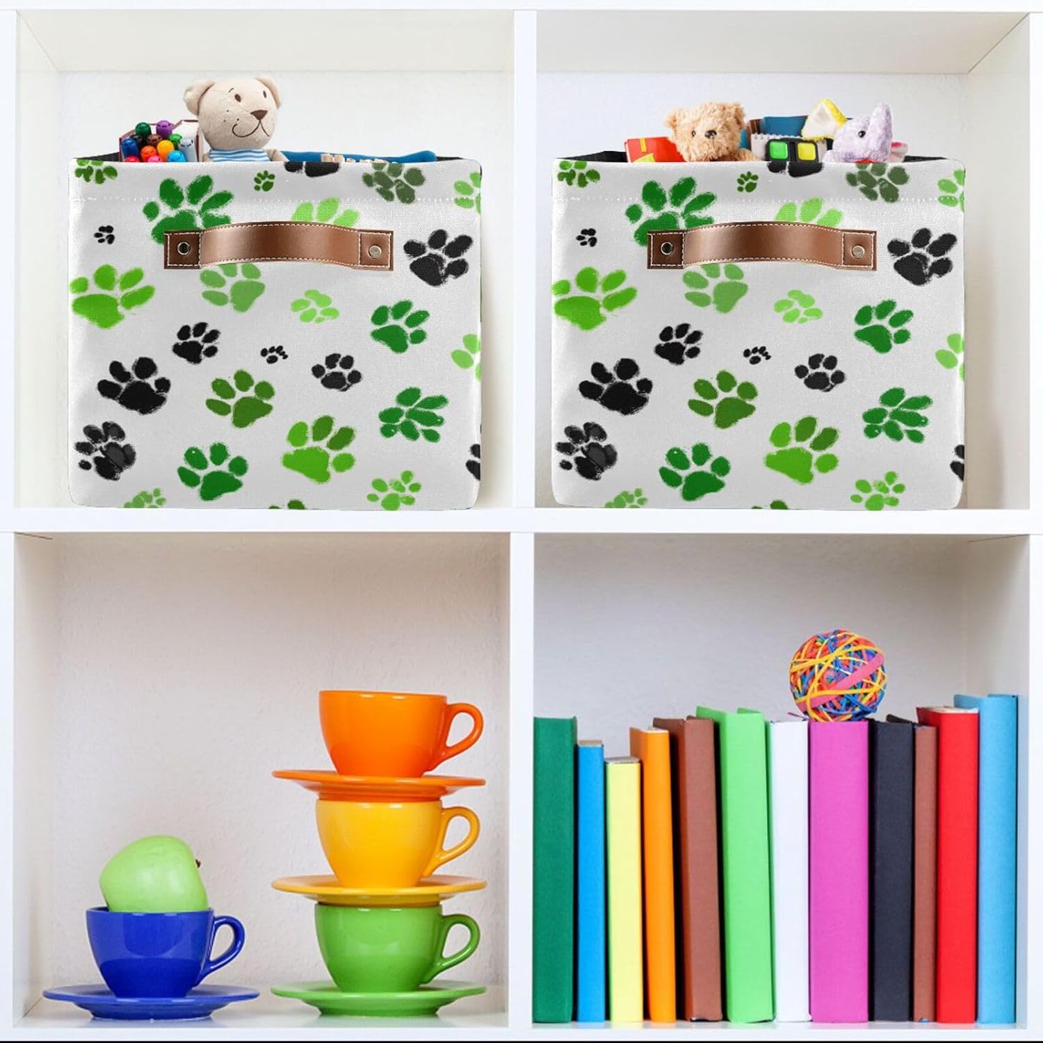 OTVEE Canvas Bins for Closet Shelves Organizing Green Black Dog Cat Paws Storage Basket Baby Clothes Organizers Storage Box Nursery Bins Gift Baskets 2 Pack