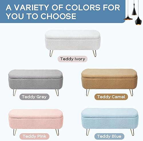 Miniatura 7 de Banco otomano de almacenamiento moderno, banco de entrada tapizado con diseño de boucle vintage, banco de pie de cama con patas doradas, banco