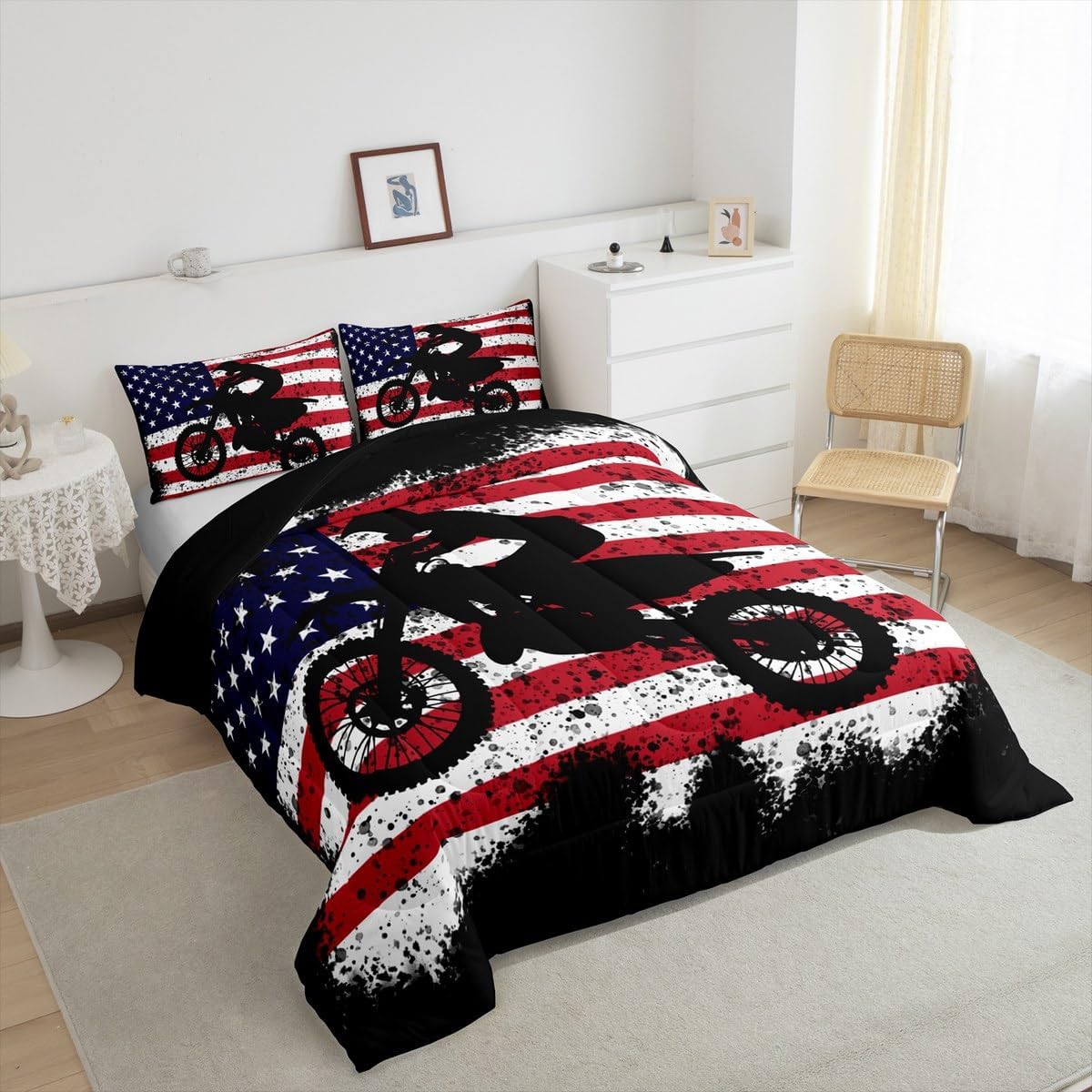 Dirt Bike Twin Bedding Set,Motorcycle Rider Comforter Set Reversible Bed Set Boys Men Bedroom Decor,Vintage American Flag 2 Pieces Quilt Set,Extreme Sports Tie Dye Duvet Insert,1 Pillow Case