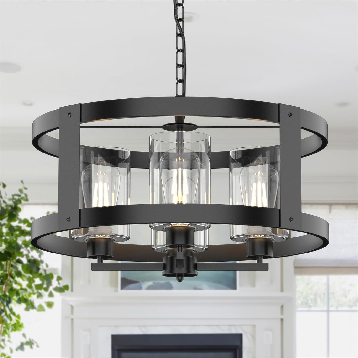 4-Light Farmhouse Chandelier, 20" Black Light Fixture with Glass Shade Modern Drum Lighting Fixtures Ceiling Pendant Lamp for Dining Room Kitchen Island Entrance Foyer Living Room Bedroom