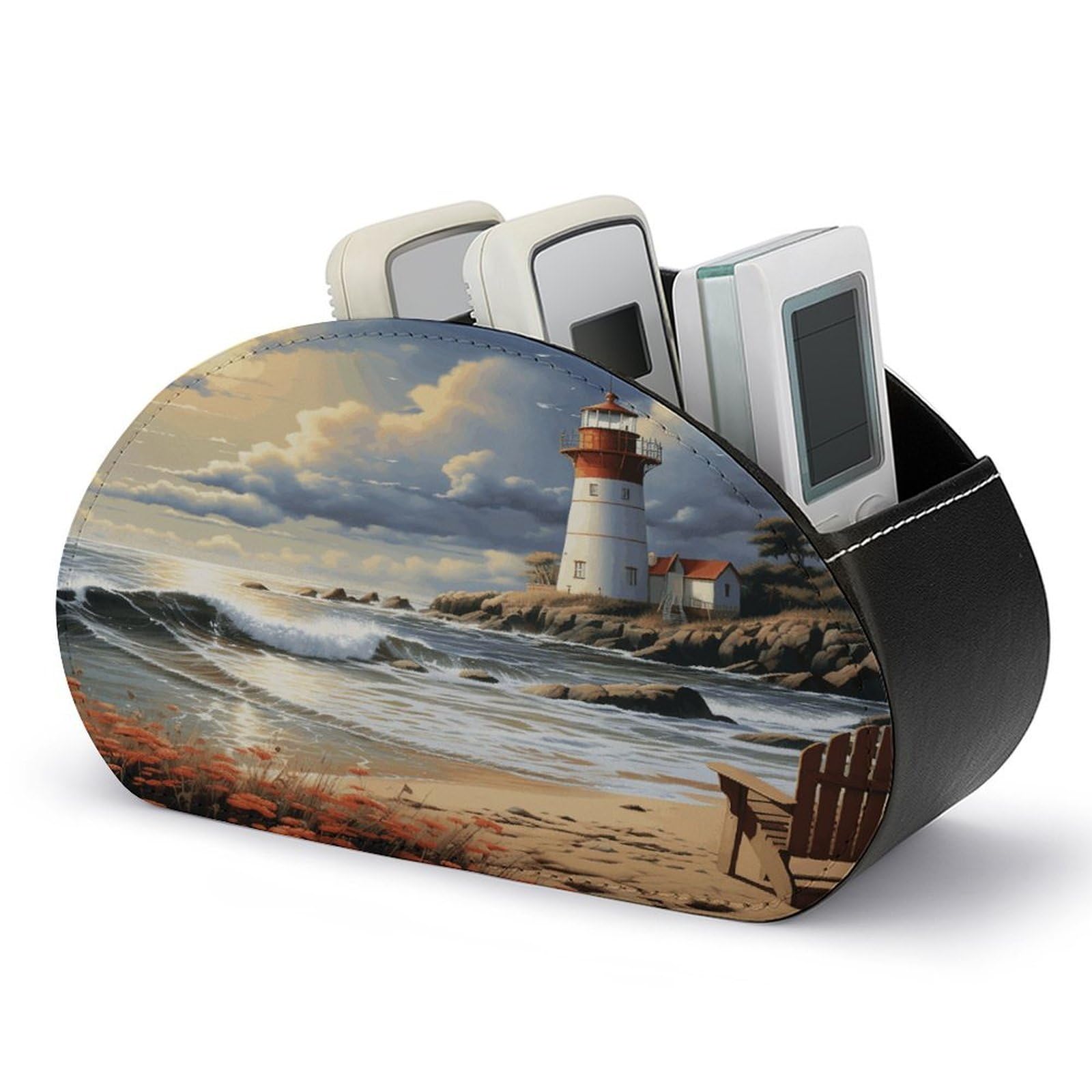 FekiLoot Sea Lighthouse Sandbeach Remote Control Holder with 5 Compartments - PU Leather Remote Caddy Desktop Organizer, Personalized TV Media Remote Storage Box for Home Coffee Desk Accessories