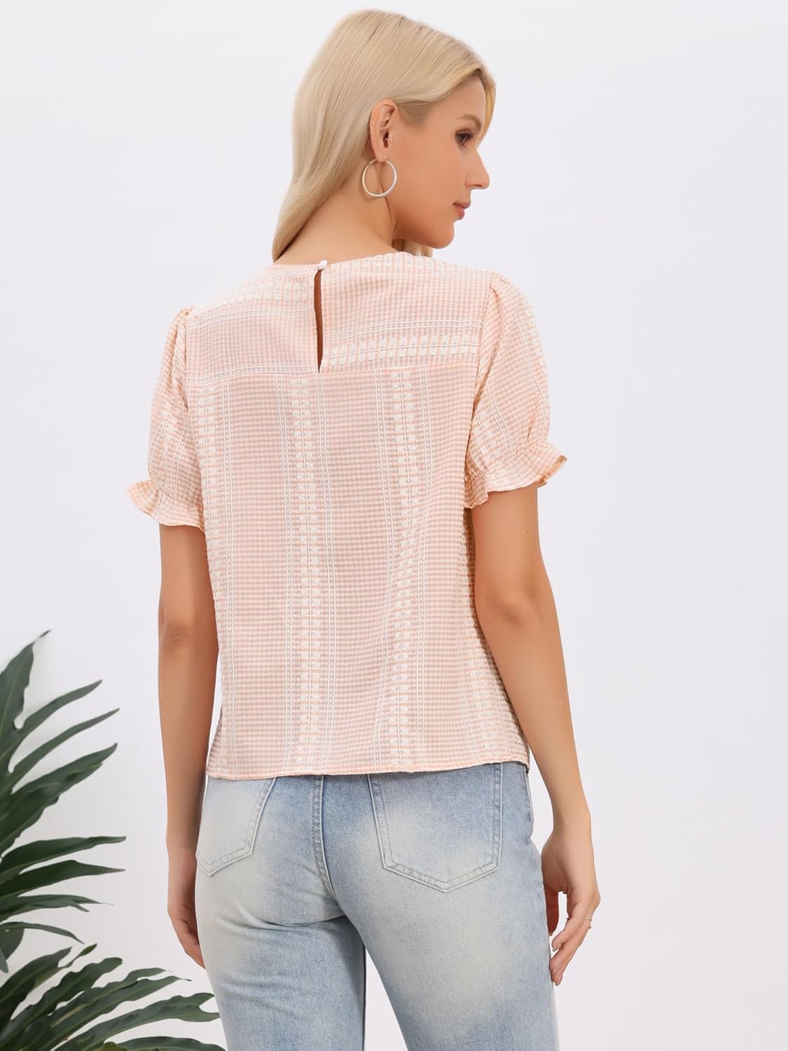 Allegra K Gingham Tops for Women's Peasant Plaid Smocked Ruffle Puff Sleeve Blouses - Image 2