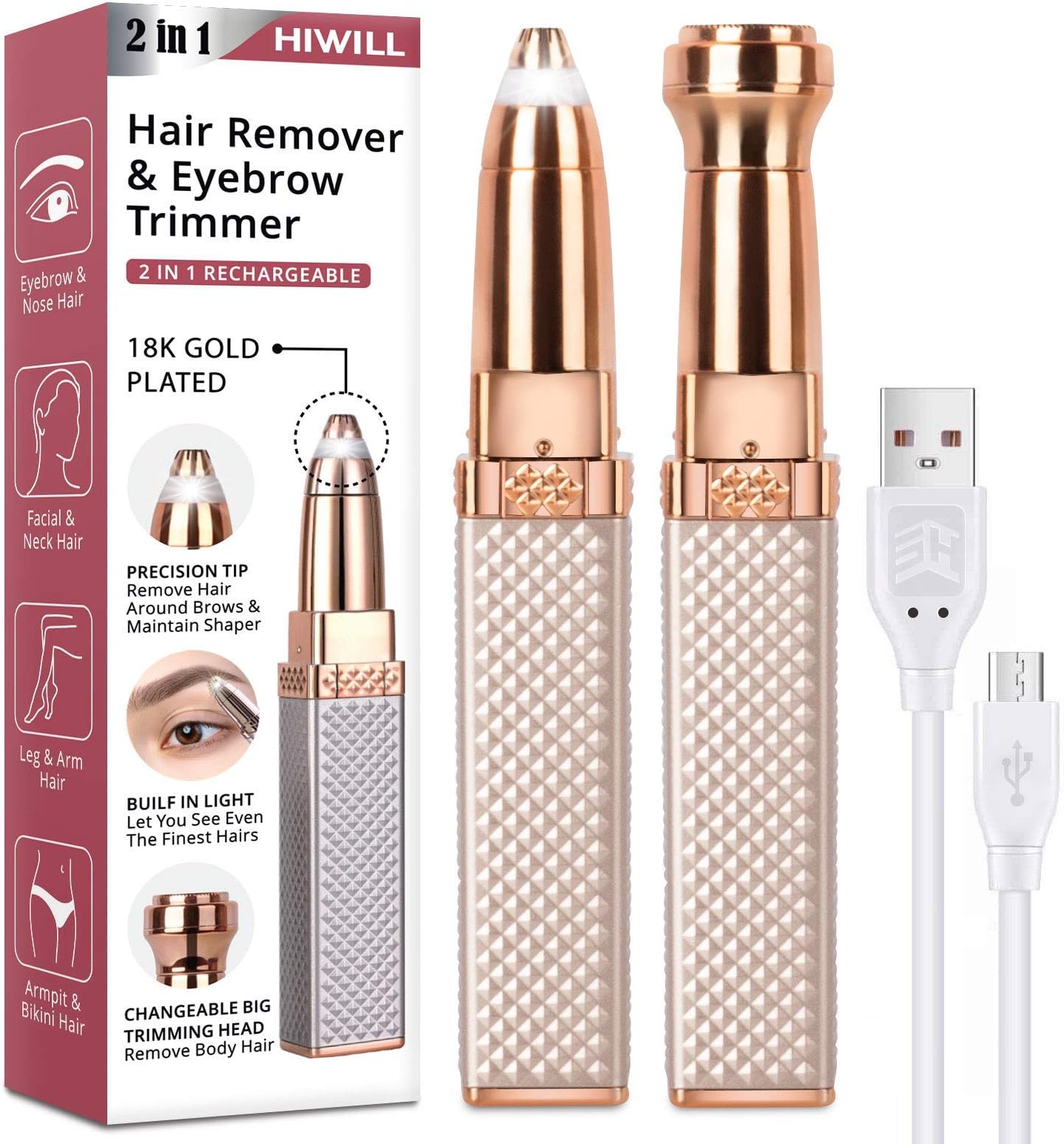 Hiwill 2 in 1 Eyebrow Razor and Painless Hair Shaver Rechargeable for Face, Eyebrow, Lips, Body, Chin, Arms with Built-in LED Light (Rose Gold)
