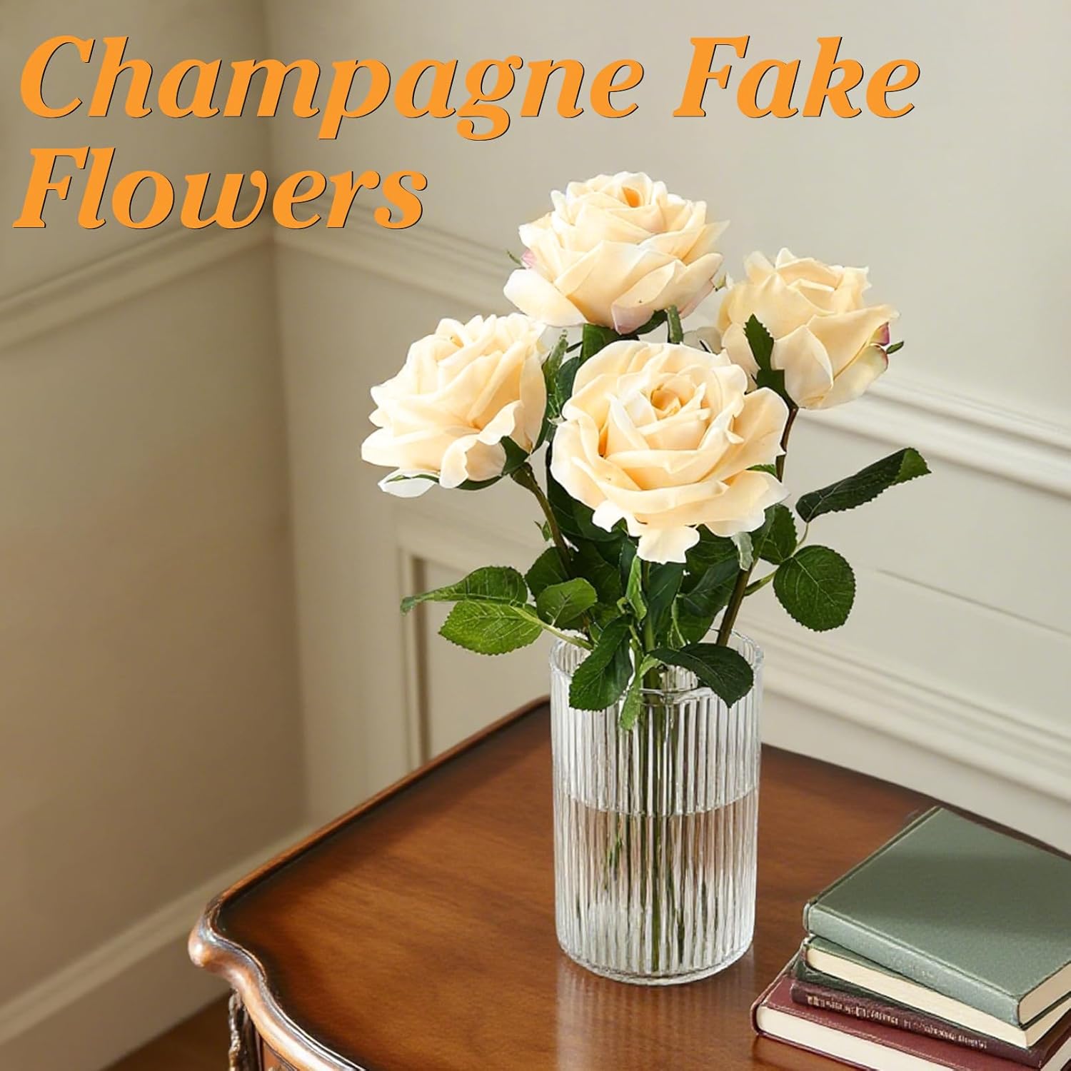 4 Pcs Rose Artificial Flowers, 17.3 Inch Fake Champagne Roses with Stems, Champagne Roses Flowers, Real Touch Artificial Flower, Rose Silk Flower for Wedding Party Home Decor - Image 6