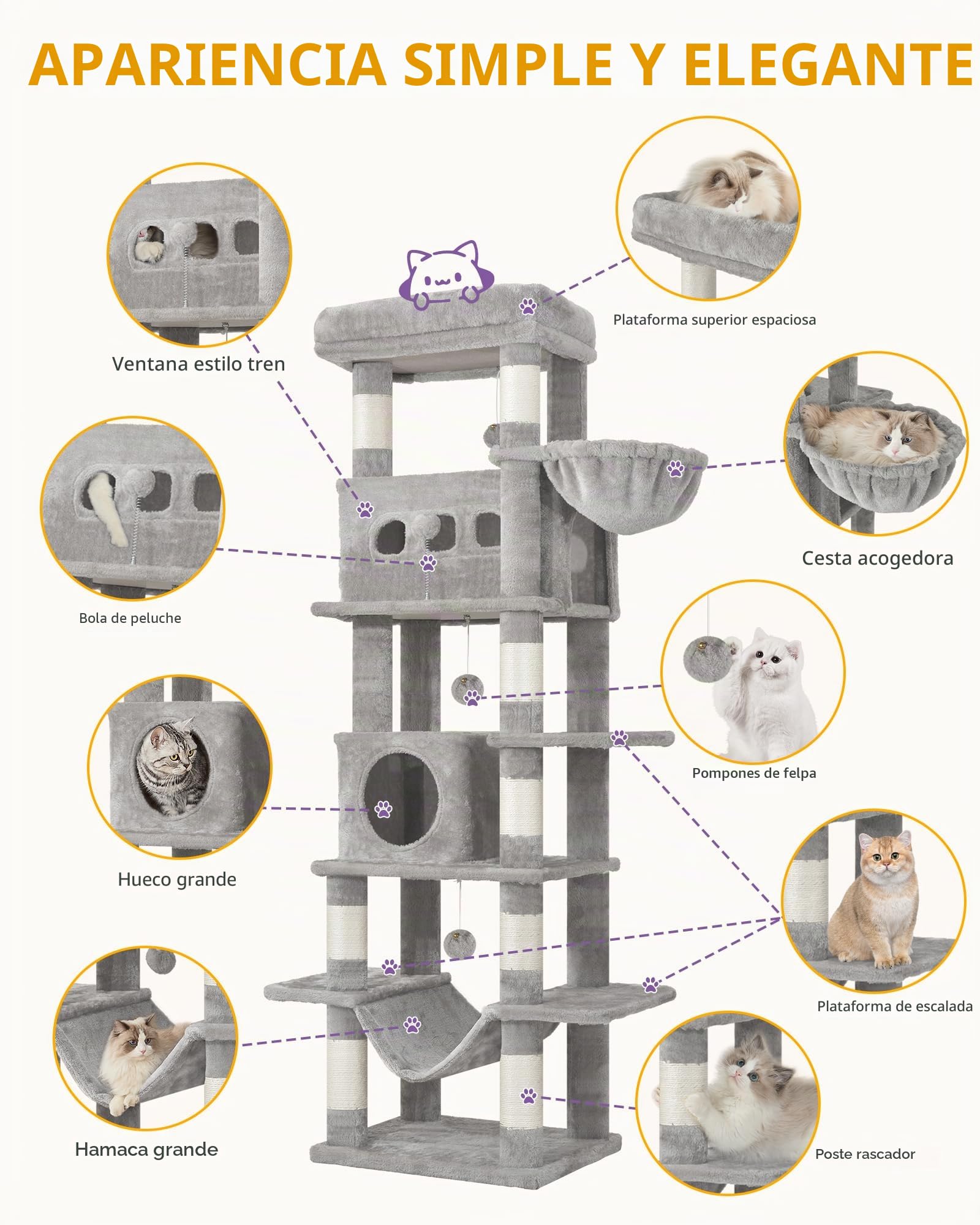 Hzuaneri 170cm Rascador para Gatos, Árbol para Gatos, 2 Cuevas, Plataforma, 1 Hamaca, 1 Cesta, 3 Pompones, L(50 x 40 x 170 cm), Gris Claro MS17018LG
