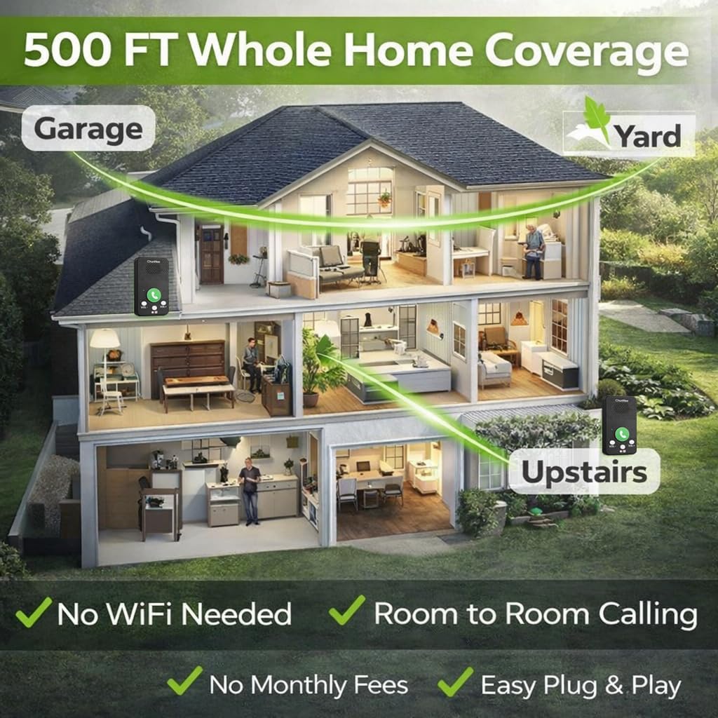 Wireless Intercom System for Home, Full Duplex Call & Answer Intercoms, No WiFi Needed, 500 ft Range, One-Touch Calling for Seniors & Family, Rechargeable 1000mAh Battery (2 Pack)