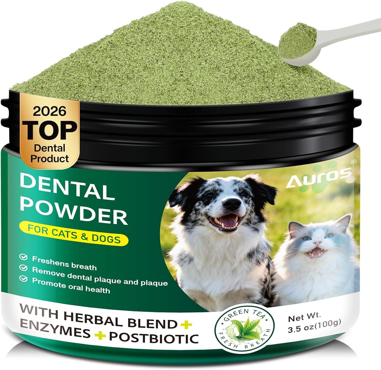 Dog Dental Powder for Teeth Cleaning Plaque & Bad Breath Off, Dental Powder for Dogs Teeth with Natural Herbal Blend & Postbiotics, Dog Teeth Cleaning Powder with Enzymes for Dogs & Cats (3.5oz)