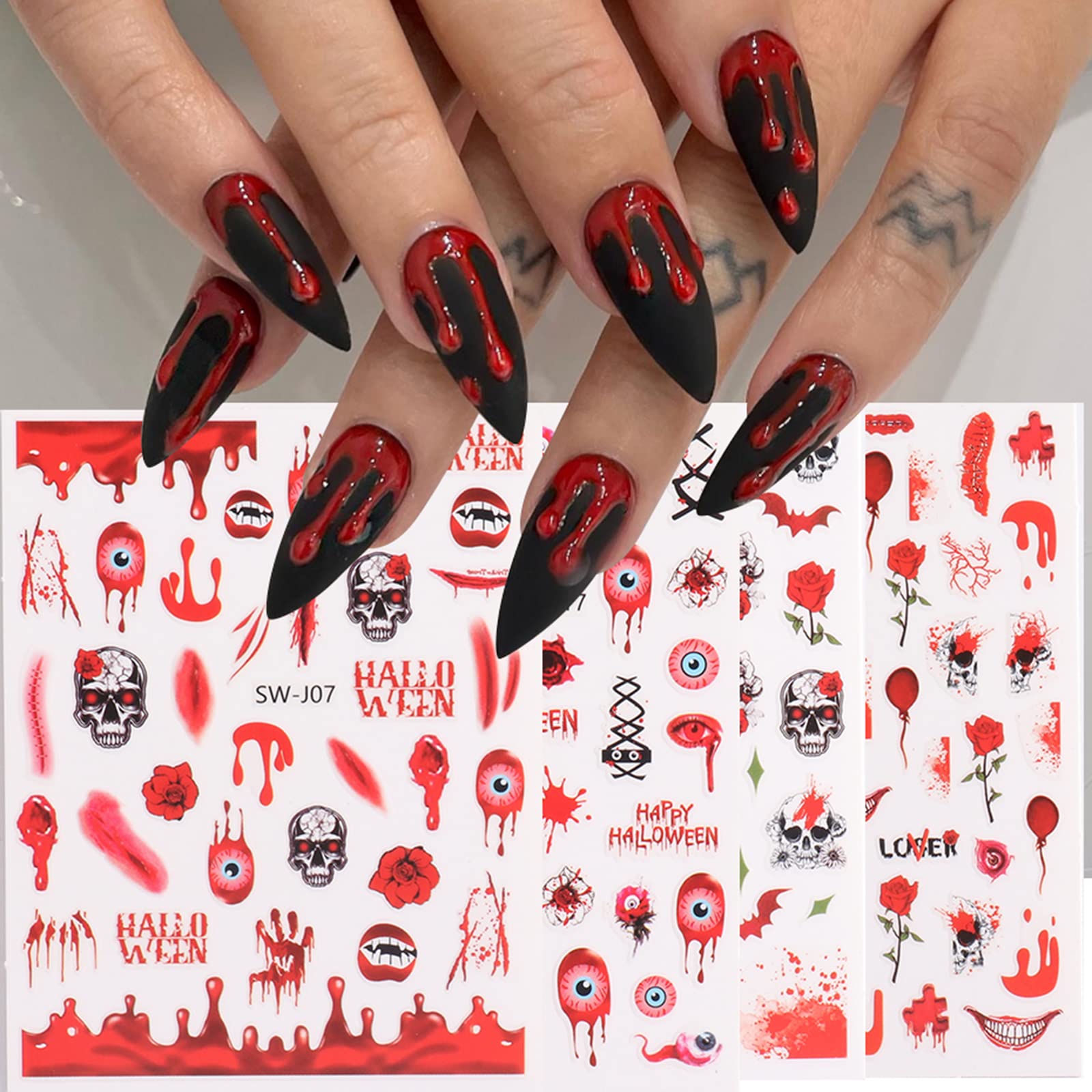 Amazon.com: Halloween Nail Art Stickers 8 Sheets Blood Skull Spider Web  Halloween Nail Designs Decals Day of The Dead 3D Self-Adhesive Nail  Stickers Horror Halloween Nail Art Decor Halloween Party Supplies :
