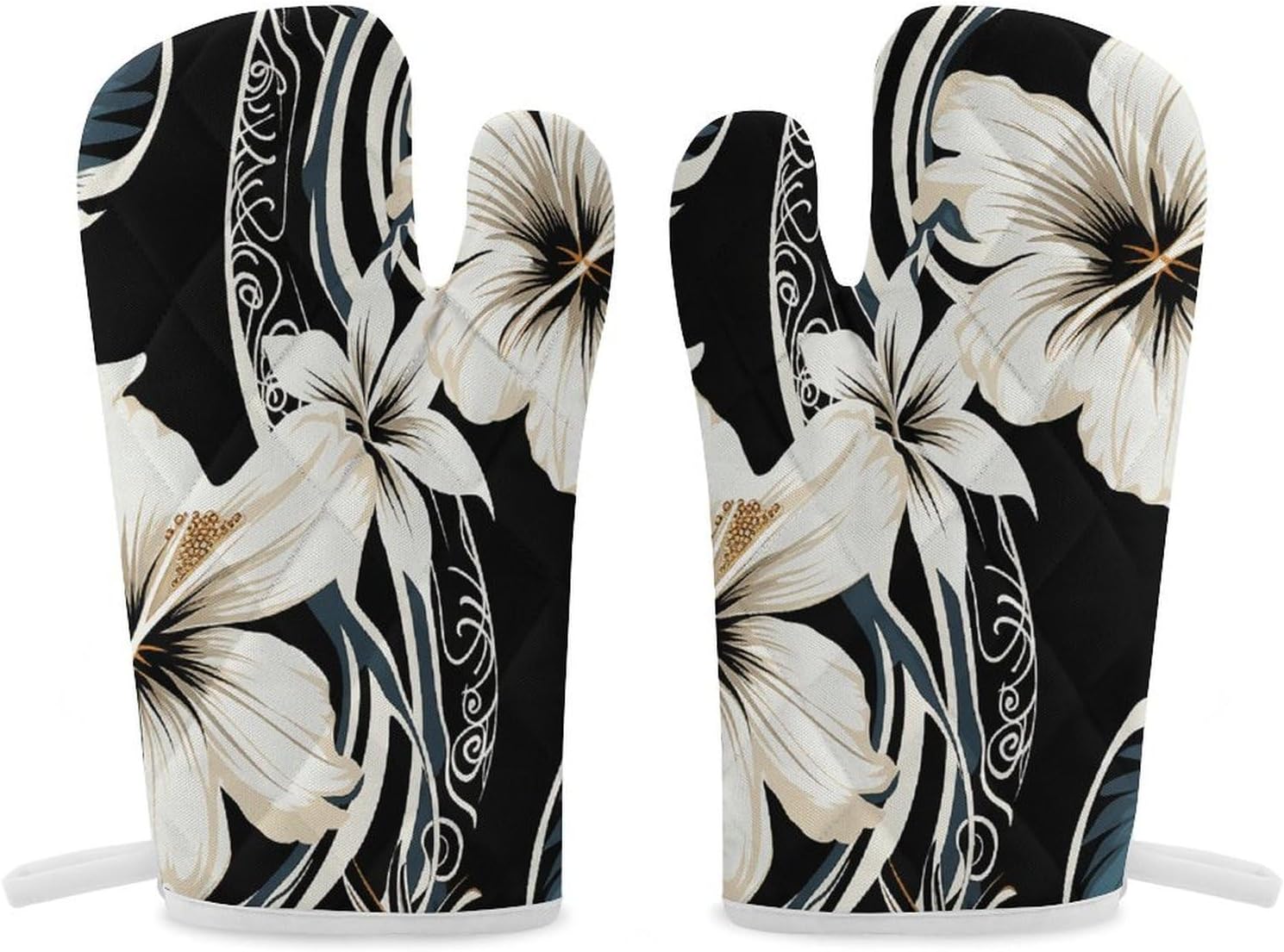 Black And White Hawaiian Flowers Oven Mitts Set of 2 Non-Slip Heat Resistant Kitchen Gloves for Kitchen Cooking Baking Grilling BBQ