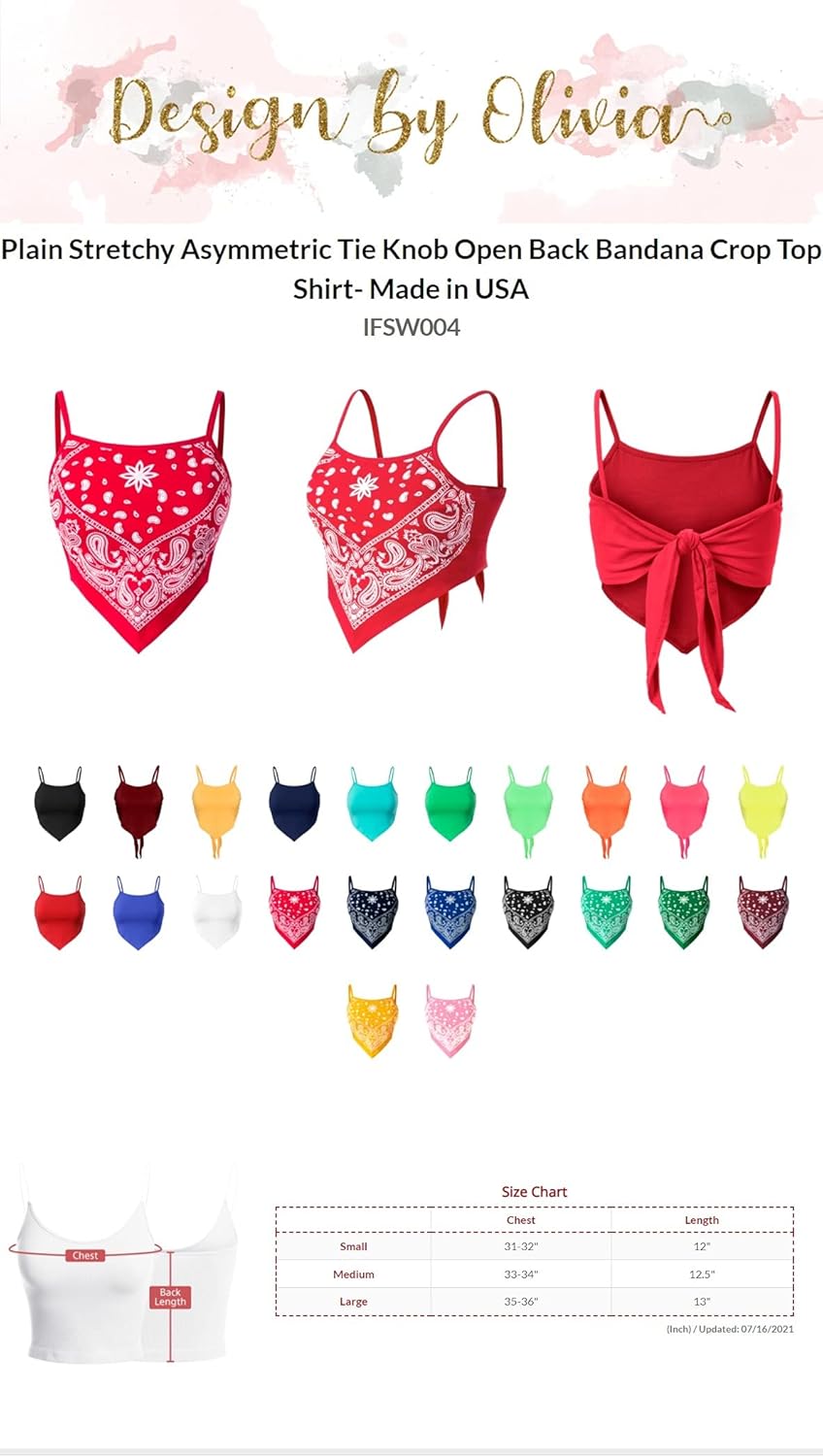 Design by Olivia Women's Stretchy Asymmetric Tie Knob Open Back Bandana/Flower Print Crop Top Shirt- Made in USA - Image 4