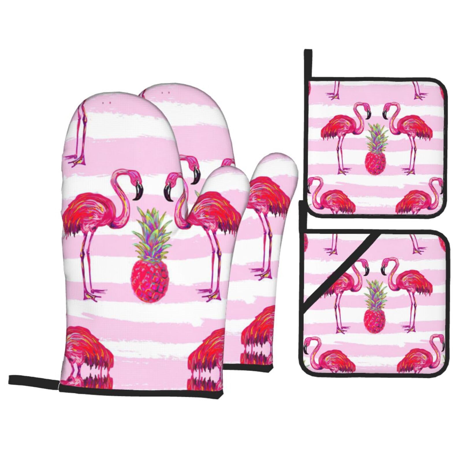 Summer Tropical Flamingo and Pineapple Print Stylish 4-Piece Microwaving Oven Waterproof Kitchen Gloves Baking Holiday Cooking