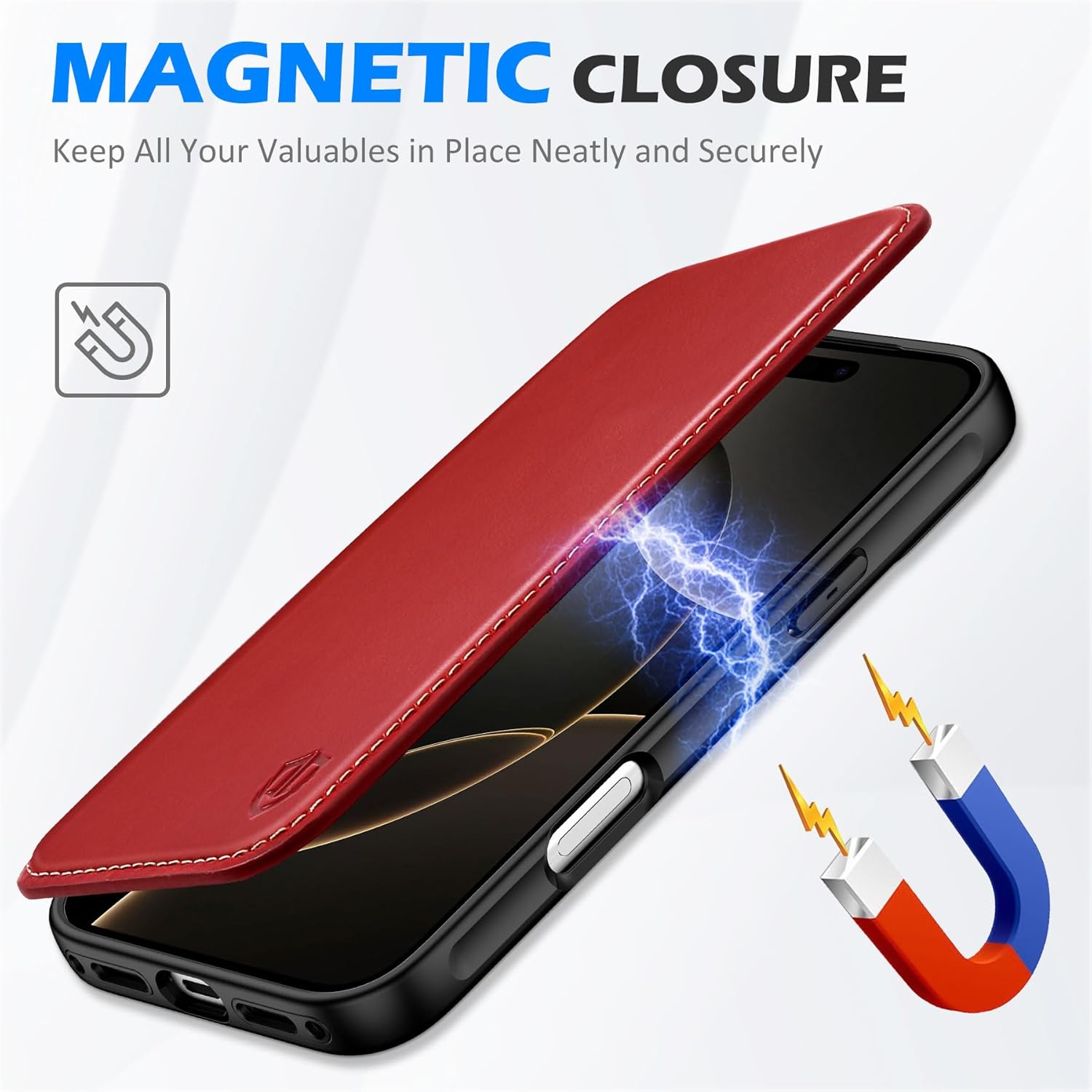 SHIELDON Genuine Leather Slim Wallet Case for iPhone 17 Pro Max 6.9-inch 2025 | Folio | Magnetic Closure | Wireless Charging | RFID Blocking Card Slot | Shock-Absorbent Phone Cover | Retro Red - Image 8