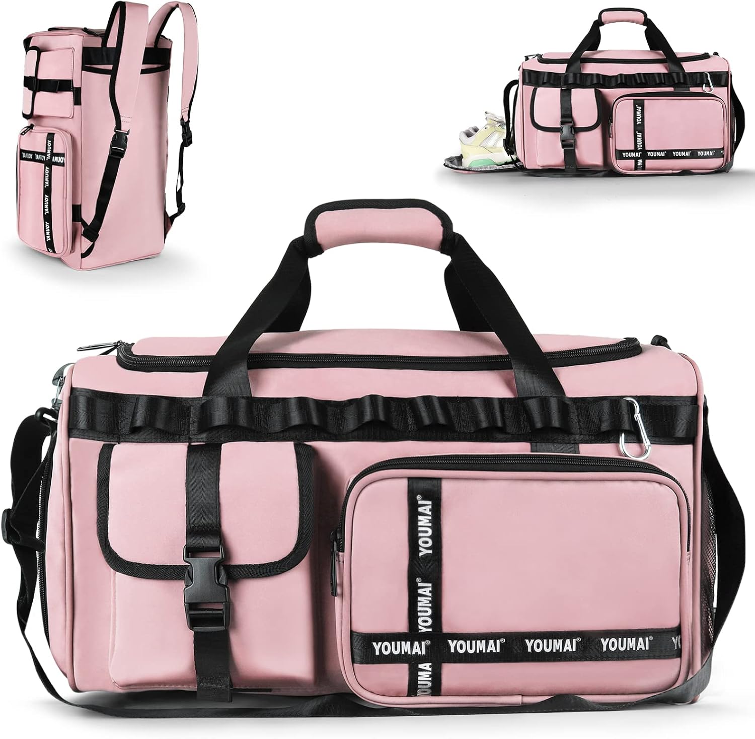 Gym Bag, 2 in 1 Upgrade Travel Bag Backpack Overnight Bags, 45L Portable Lightweight Waterproof Travel Luggage Hand Carry Bag for Weekender Sports, Gym, Vacation Weekend Bag for Men Women (Pink)