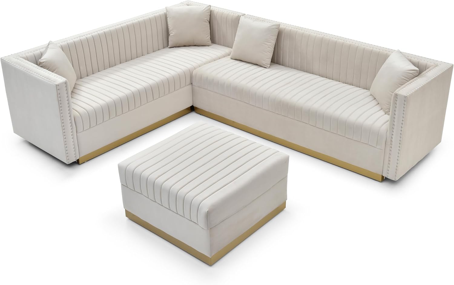 L-Shaped Corner Sectional Sofa 3 PCS Contemporary Sofa Sets include 3 Seaters Couch ,Armless Sofa and Ottoman, Nailhead Decor Corner L Shaped Sofa&Couch for Home Apartment Living Room Furniture Sets