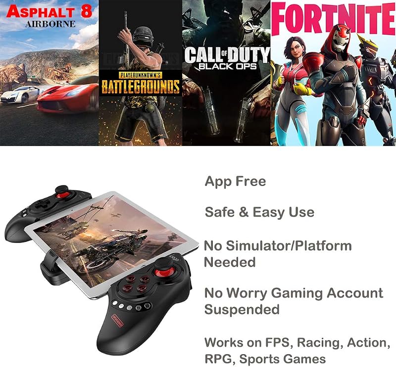 Megadream Bluetooth Játékvezérlő Android Telefonokhoz és Tabletekhez - Vezeték Nélküli Kontroller PUBG, Fortnite Játékokhoz, 10" Tartóval, F - FOR iOS
