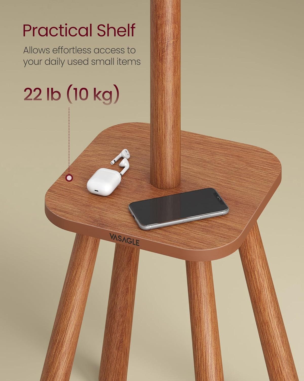 VASAGLE Coat Rack, Free Standing Coat Stand, Hall Coat Tree with 8 Hooks and Storage Shelf, 69.2 Inch Tall, for Coats, Hats, Bags, for Entryway, Hallway, Bedroom, Caramel Brown URCR033K01