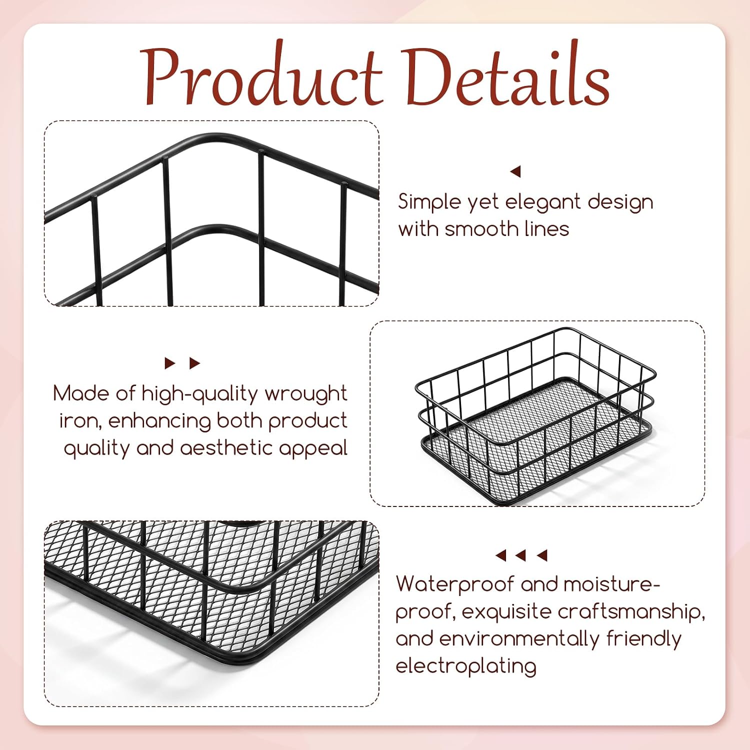 Metal Wire Basket, Sturdy Metal Mesh Basket, Small Storage Baskets Wire Mesh Storage Bin, Desktop Organizer Tray, Stackable Storages Bin for Office Desk Shelf, Black