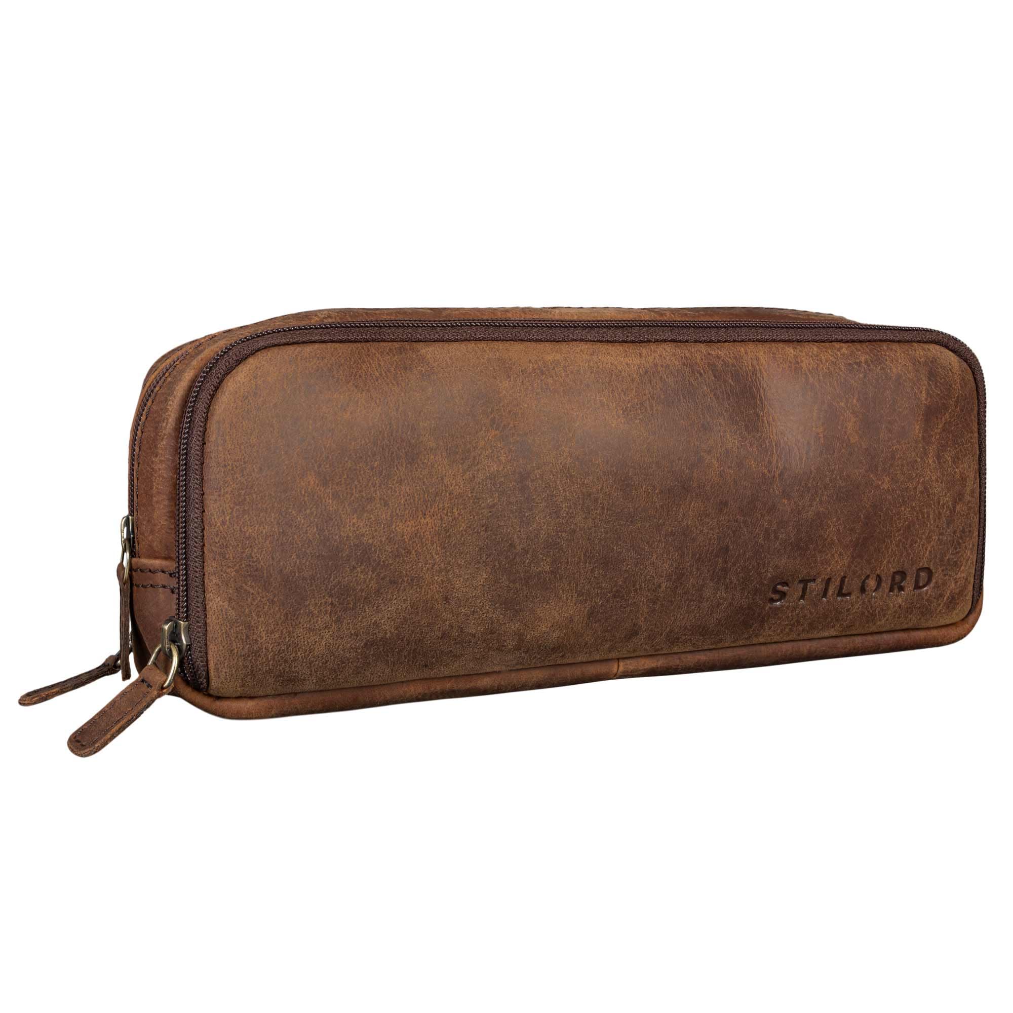 STILORD 'Flo' Vintage lederen etui groot voor potloden leren potloodetui echt rundleren potlooddoos vintage potloodhouder retro pennenetui met 3 ritsen, Kleur:tan donker - bruin STILORD 'Flo' Vintage lederen etui groot voor potloden leren potloodetui echt rundleren potlooddoos vintage potloodhouder retro pennenetui met 3 ritsen, Kleur:tan donker - bruin