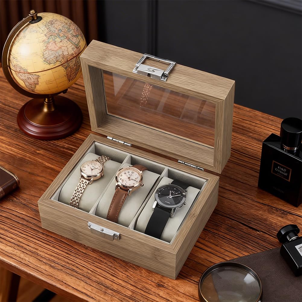 Scatola per Orologi, espositore in Legno a 3 Scomparti con Finestra in Vetro Trasparente e Cuscino in Velluto, Organizer per Orologi e Gioielli per Uomo e Donna, Regalo di Natale e comple