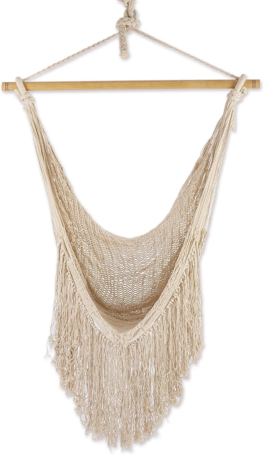 NOVICA Handmade Cotton Hammock Swing Ivory Fringed Rope Mayan from Mexico Solid Tropical Decor 'Sea Breezes in Ivory'